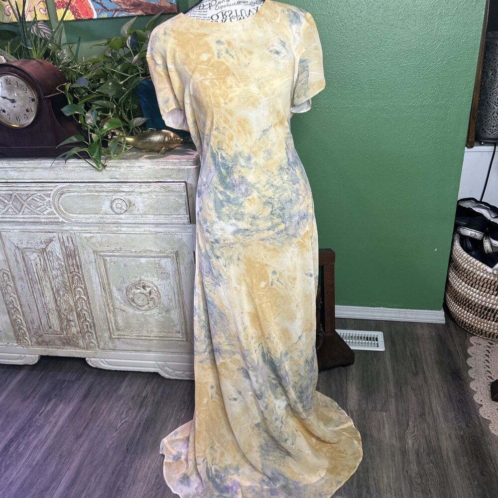 Vintage 90s Benjamin Rayon Maxi Dress Bias Cut Abstract Boho Cottage Mermaid